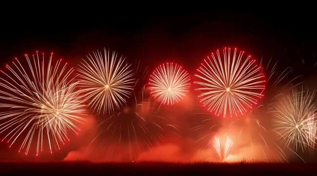 Wide fireworks finale with sparkling trails in night sky
