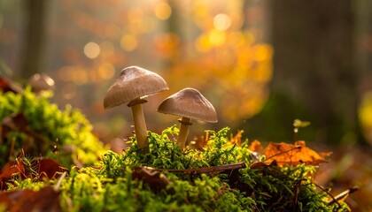 Close-up of mushrooms growing on moss in a sunlit forest