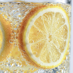 Fresh Lemon Slice in Sparkling Water, Refreshing Drink Close Up