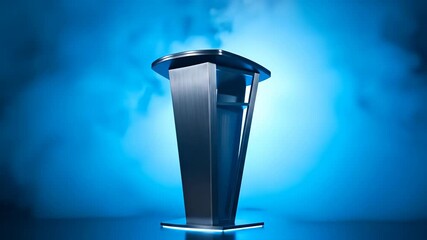 Modern presentation podium against a vibrant blue background, for announcements