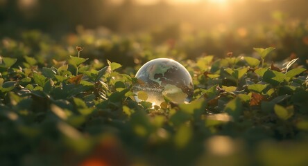 Dewy morning on green leaves field.
