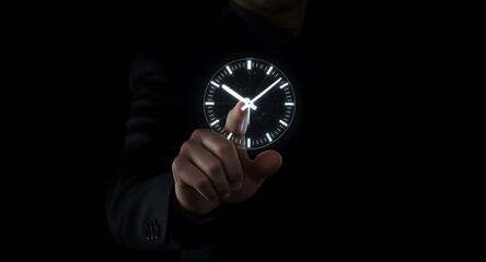 Hand holding clock in dark background.