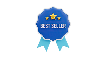 3D Best Seller Badge Award with Stars and Ribbons on transparent background