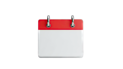 3D Blank calendar page with red header and silver rings on transparent background