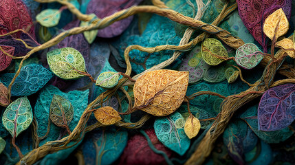 Vibrant colorful leaves and branches with intricate patterns