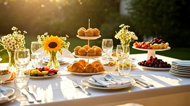 Outdoor table set with pastries, fruits, and flowers, green background for a sunny brunch