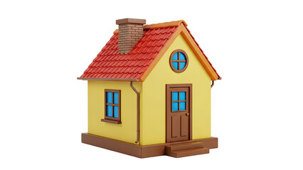 3D Cartoon house with red roof and yellow walls on transparent background