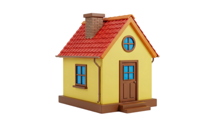 3D Cartoon house with red roof and yellow walls on transparent background