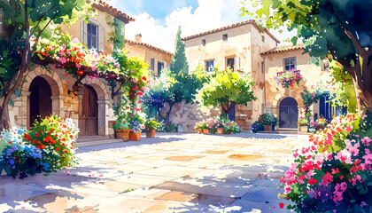 花と緑に囲まれた小さな広場_generated by AI