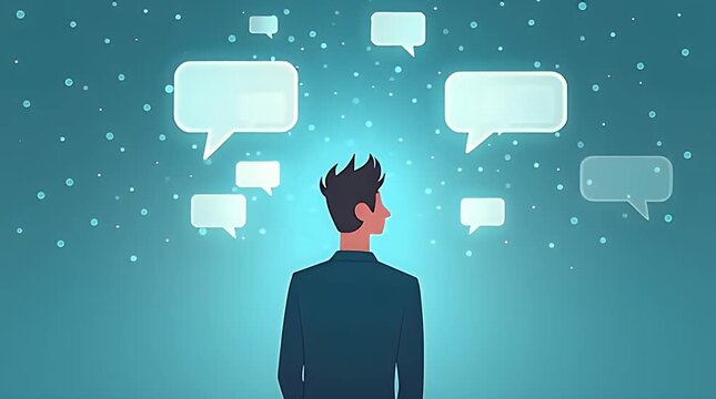 Editorial illustration of a person surrounded by glowing chat bubbles that never touch them, symbolizing emotional isolation in a hyperconnected digital world, modern flat vector style, soft cool 