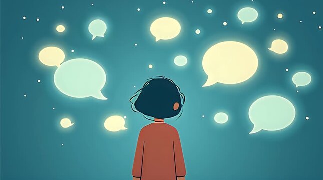 Editorial illustration of a person surrounded by glowing chat bubbles that never touch them, symbolizing emotional isolation in a hyperconnected digital world, modern flat vector style, soft cool 