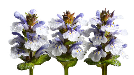 Three wet purple and white flowers with green leaves on white background