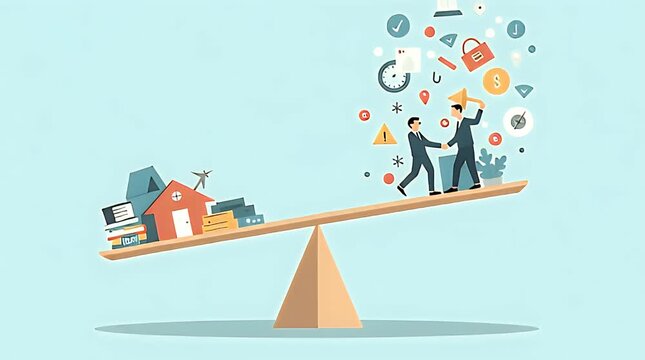 Conceptual editorial illustration of a tilted scale with one side overloaded by work icons and the other nearly empty, symbolizing workload imbalance and unfair effort distribution, clean flat vector 