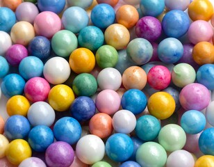 Close-up of numerous, colorful, spherical candy pieces arranged together