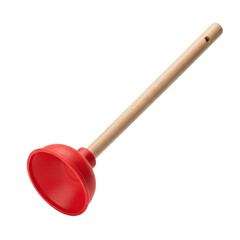 Red rubber plunger with wooden handle isolated on white background