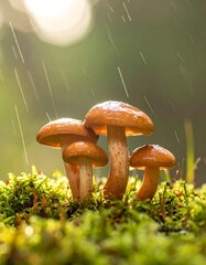 Close-up of mushrooms in the rain, on mossy ground, bokeh background