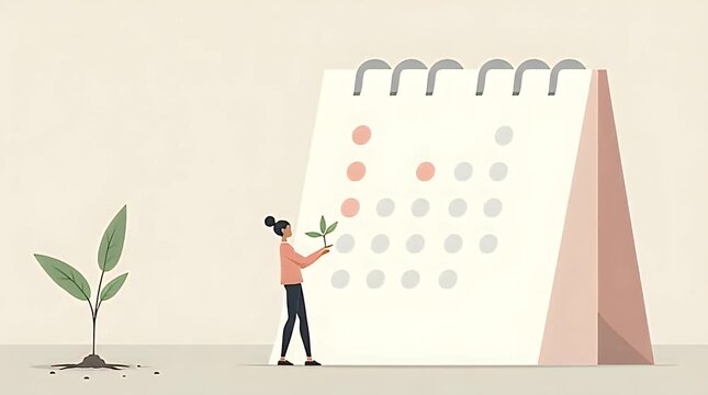 Conceptual editorial illustration of a person holding a small seed while a large empty calendar looms behind, symbolizing waiting for the perfect moment and chronic procrastination, clean flat vector 
