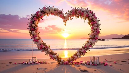 A heart-shaped floral arrangement on a beach at sunset, with candles in lanterns. The ocean reflects the setting sun