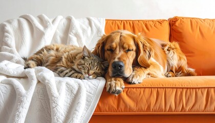 A fluffy cat and a golden retriever dog sleep soundly together on a vibrant orange sofa, draped with a white blanket
