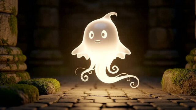 Ethereal ghost floating in ancient stone ruins