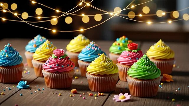 Colorful frosted cupcakes on a wooden table with lights in the background for celebration