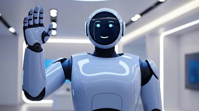 Friendly Futuristic Robot Waving Hand with AI Eyes and Smiling in Well Lit Modern Office Space Communication and Advanced