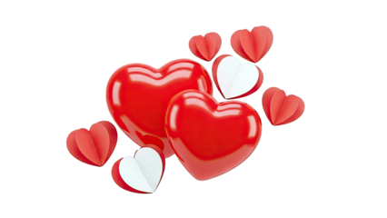 3D Red hearts collection with different styles on transparent background
