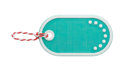 3D Teal Blank Tag with Red and White String and White Dots on transparent background