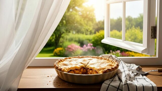 Apple pie near window with open view to a lush garden background. Use Food