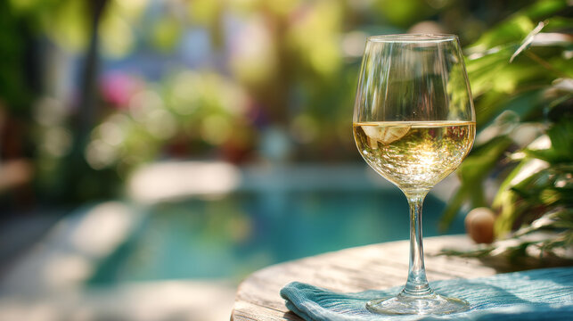 Elegant clear glass of chilled white wine with a golden hue and smooth texture on an outdoor table amidst lush greenery and sunlight