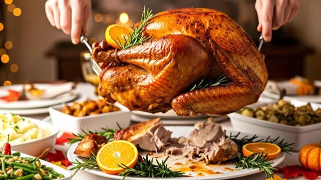 Thanksgiving turkey being carved on festive table, ready for dinner, background blurry