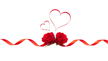 Two red roses with hearts and ribbon on transparent background for valentines day