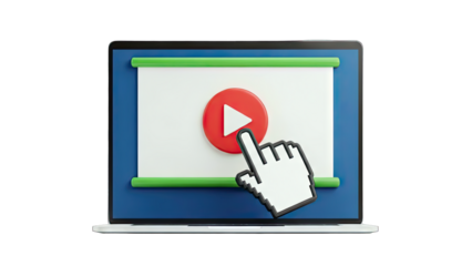 3D Laptop with Play Button and Cursor on transparent background