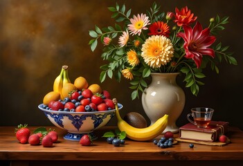 Still Life Serenity: A Fusion of Flora and Fruit