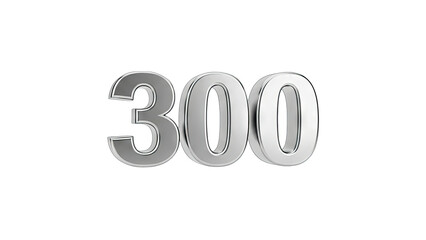 3D Metallic 300 number on a light background on transparent background