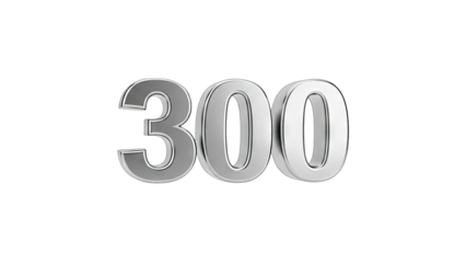 3D Metallic 300 number on a light background on transparent background