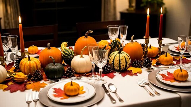 Thanksgiving table setting Pumpkins, candles, fall leaves, food, dining. Background Blurred room