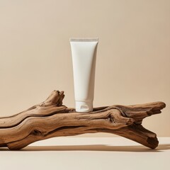 White cosmetic cream tube on natural wooden log against a beige background for branding