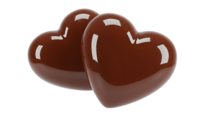 Two shiny brown chocolate hearts on transparent background for valentines day
