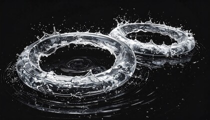 A striking image showcases two concentric water ring formations against a stark black background. Sparkling droplets create radial symmetry