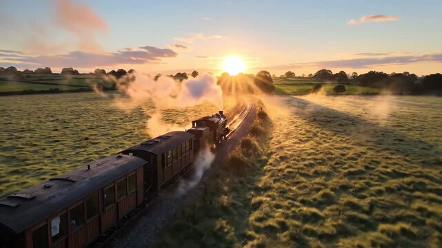 POV shot of a steam train traveling through an expanse of grassland from inside the train at sunset with a scenic view.