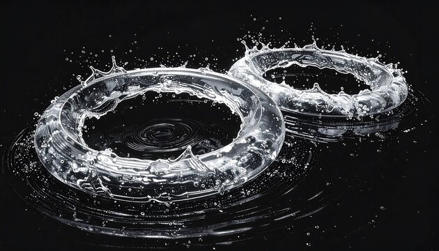 A striking image showcases two concentric water ring formations against a stark black background. Sparkling droplets create radial symmetry - Powered by Adobe