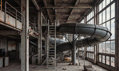 Abandoned slide factory, forming positions marked, shot from ladder area, overhead assembly visible, descent architecture without climbing.