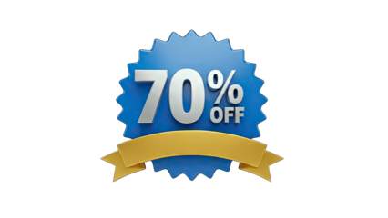 3D 70% Off Sale Discount Badge with Golden Ribbon on transparent background