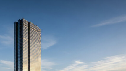 A striking modern skyscraper, featuring sleek glass facades, stands tall against a vibrant blue sky, epitomizing contemporary urban architecture and design with a commanding presence