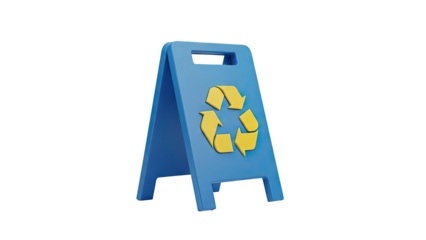 3D Blue A-frame sign with yellow recycling symbol on transparent background