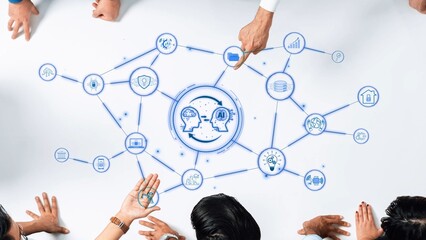 This image showcases a collaborative teamwork scene with a digital mind map. Participants engage in discussion while icons symbolize various aspects of technology and communication. Raster