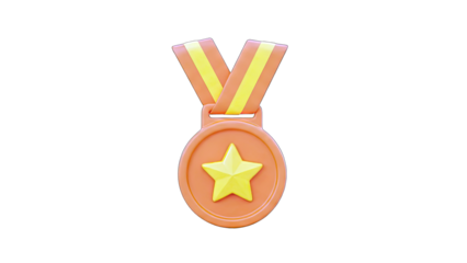 3D Bronze Medal with Yellow Star and Ribbon on transparent background