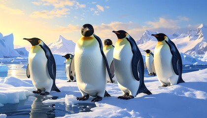 A group of penguins stand on ice near the water, with mountains in the background, bathed in sunlight