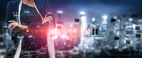 A businesswoman stands confidently against a futuristic cityscape, symbolizing technology and innovation in the digital age, with a focus on cloud data flow. Gantry